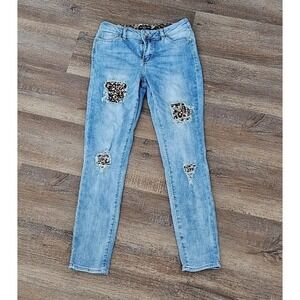 Bebe Animal Print Distressed and Destructed Embellished Blue Jean Size 26